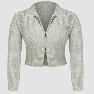 Wool-blend Knit Zipper Long Sleeve Collared Top
